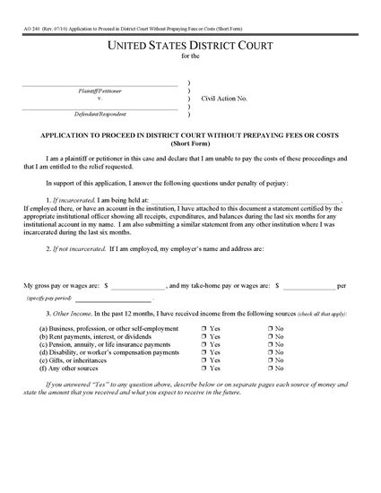 Picture of Application to Proceed Without Prepaying Fees or Costs-Short Form (USA)