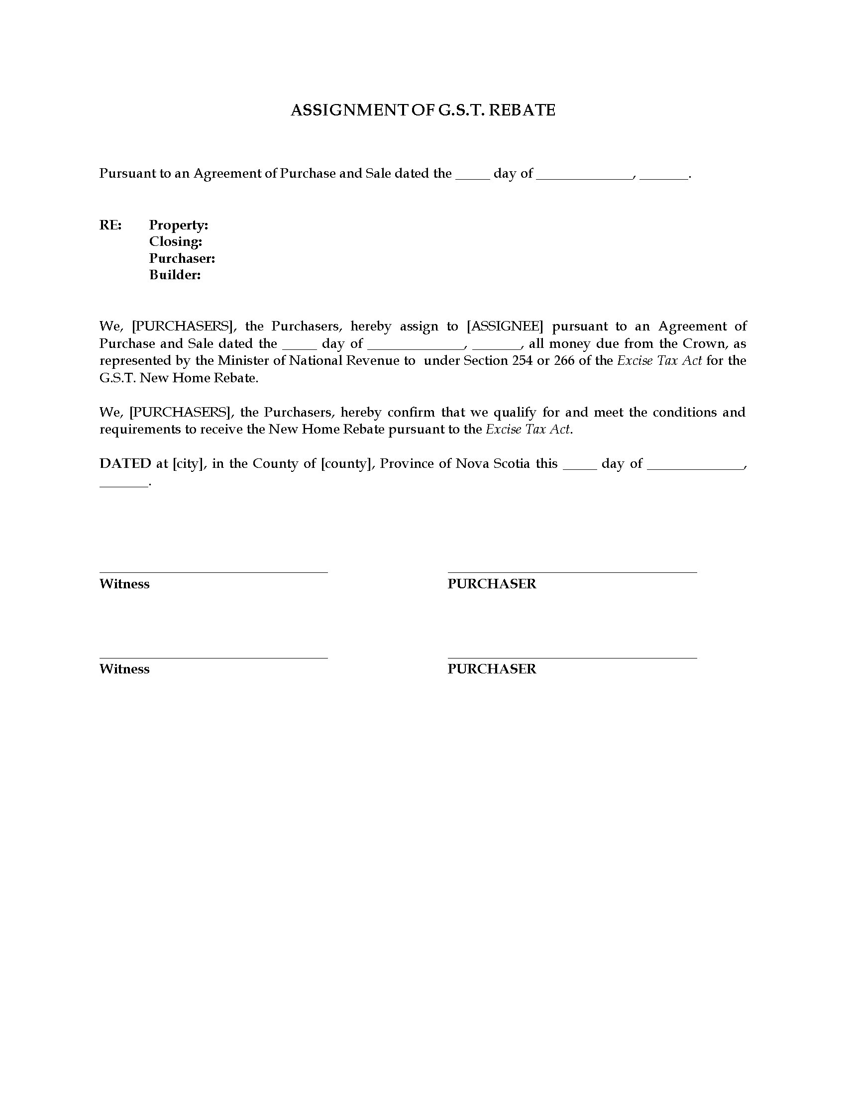 Canada Assignment of GST New Home Rebate | Legal Forms and Business Templates ...