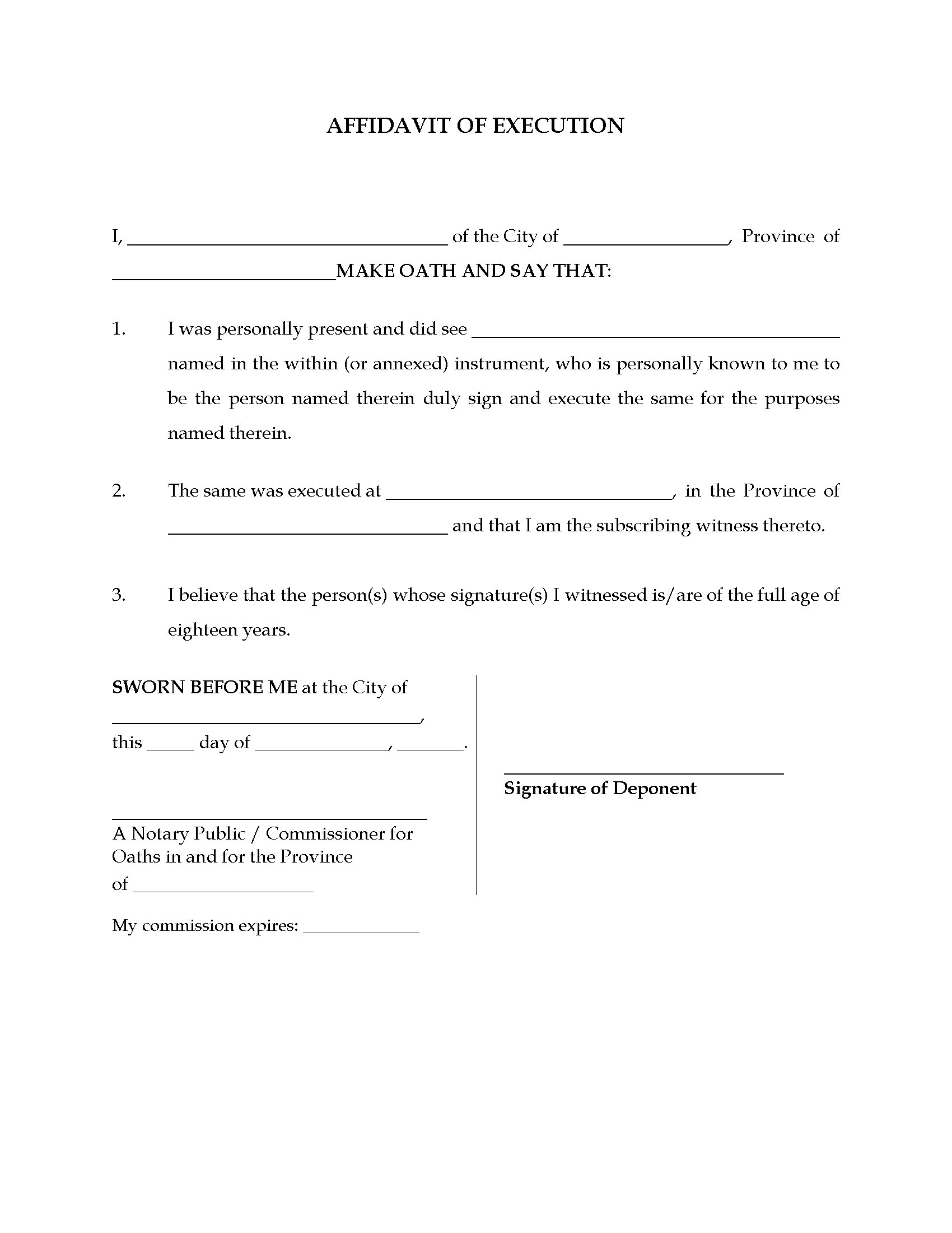 Canada Affidavit Of Execution Form Legal Forms And Business Templates Megadox Com
