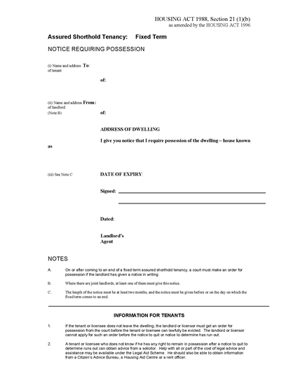 Picture of Notice Requiring Possession - AST Fixed Term | England