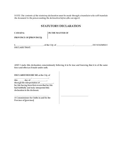 Picture of Statutory Declaration for Non-English Speaking Person | Canada