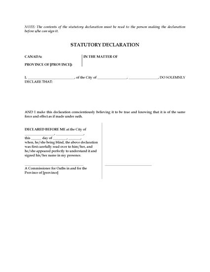 Picture of Statutory Declaration for Blind Declarant | Canada