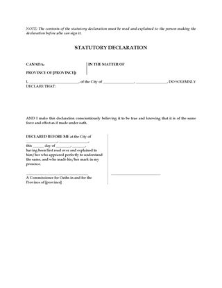 Picture of Statutory Declaration for Declarant Who Cannot Read | Canada