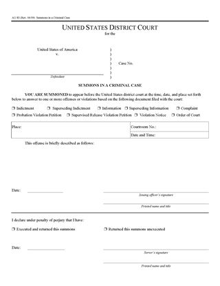 Picture of Summons in a Criminal Case (USA)