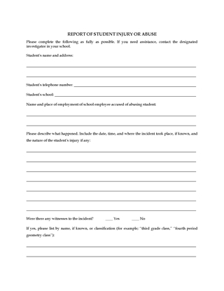 Picture of Report Form for Student Injury or Abuse