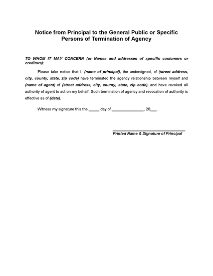 Picture of Public Notice of Termination of Agency