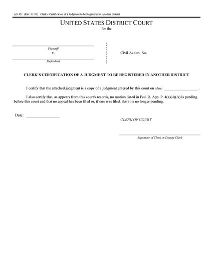 Picture of Clerk's Certification of Judgment to be Registered in Another District (USA)