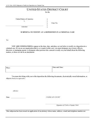 Picture of Subpoena to Testify at Deposition in Criminal Case (USA)