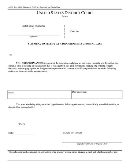 Picture of Subpoena to Testify at Deposition in Criminal Case (USA)
