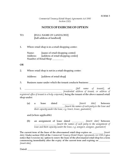 Picture of Western Australia Notice of Exercise of Option to Renew Retail Lease