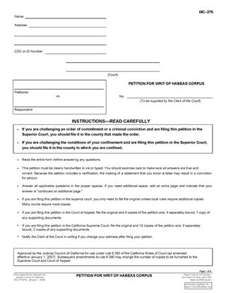 Picture of California Petition for Writ of Habeus Corpus