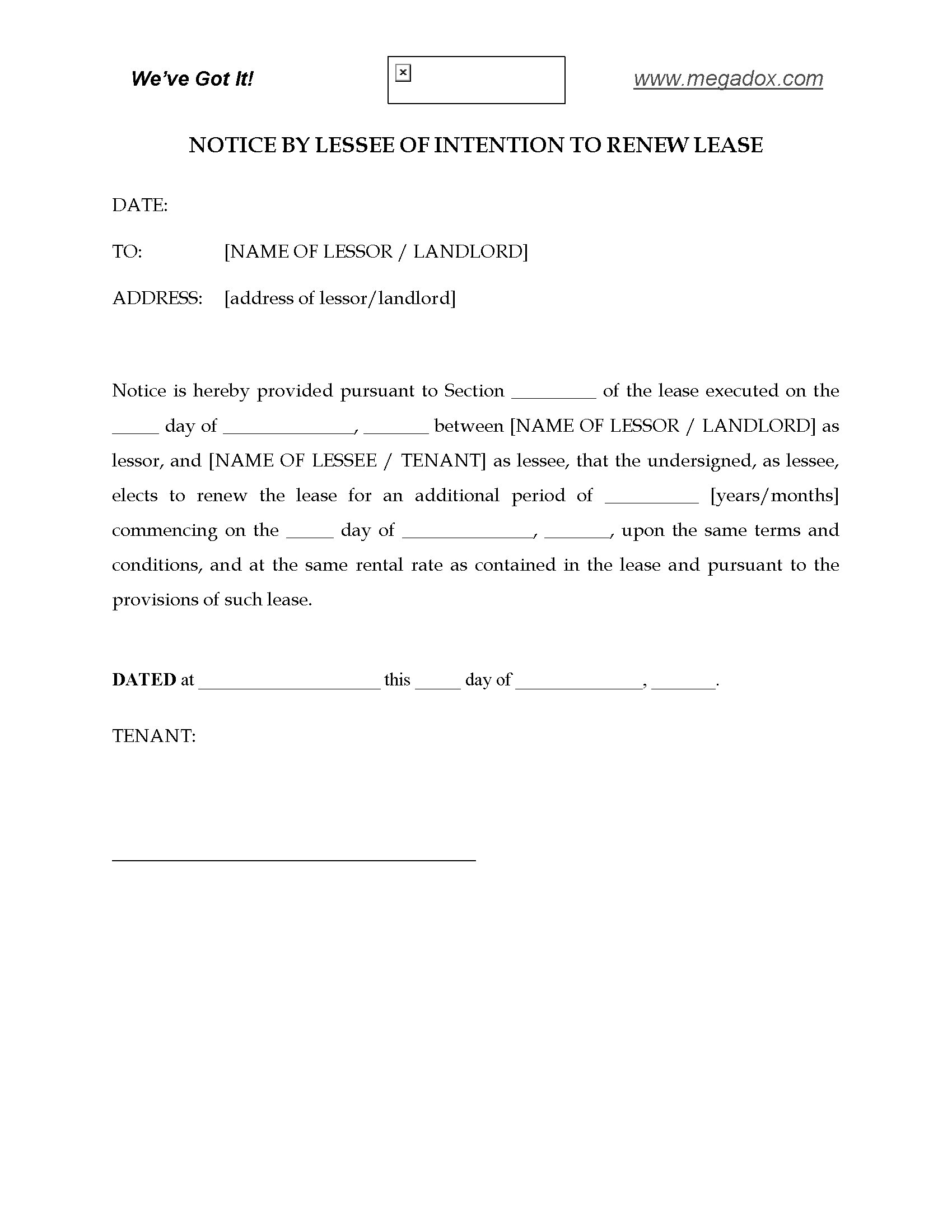 Notice by Lessee of Intention to Renew Lease | Legal Forms ...