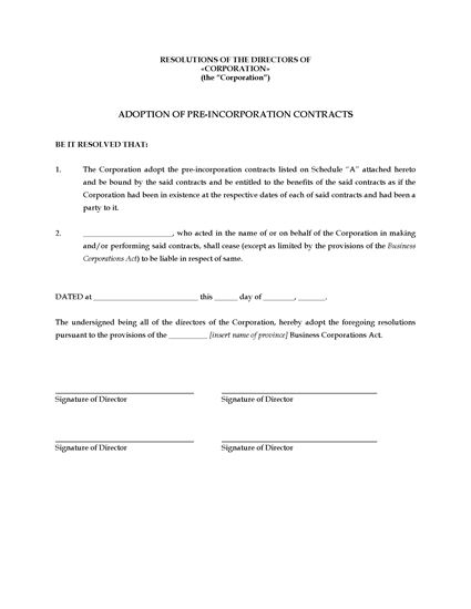 Picture of Directors Resolution to Adopt Pre-Incorporation Contracts | Canada