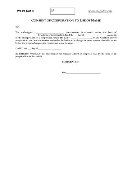 Picture of Consent Form to Use Corporate Name