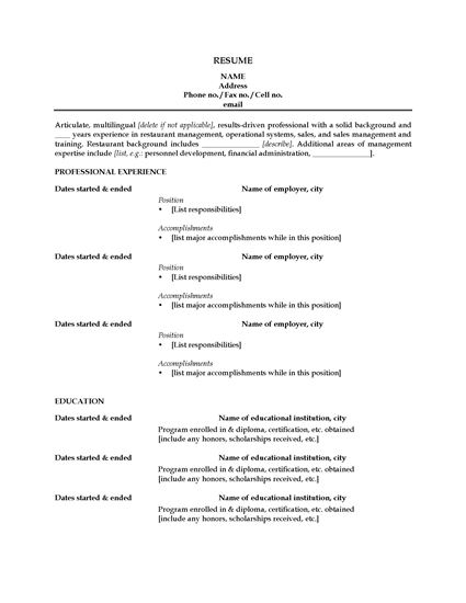 Picture of Resume for Restaurant Manager