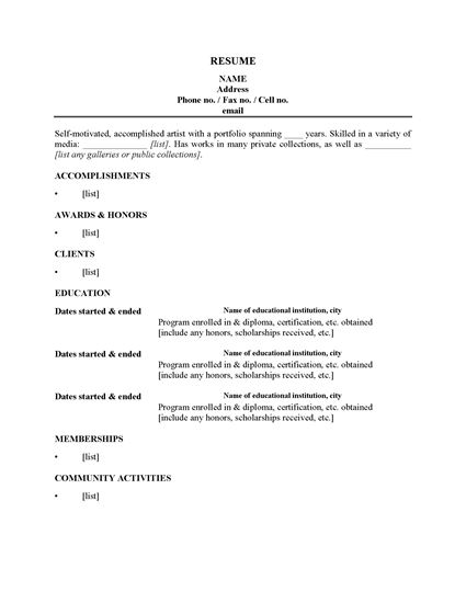 Picture of Resume Form for an Artist