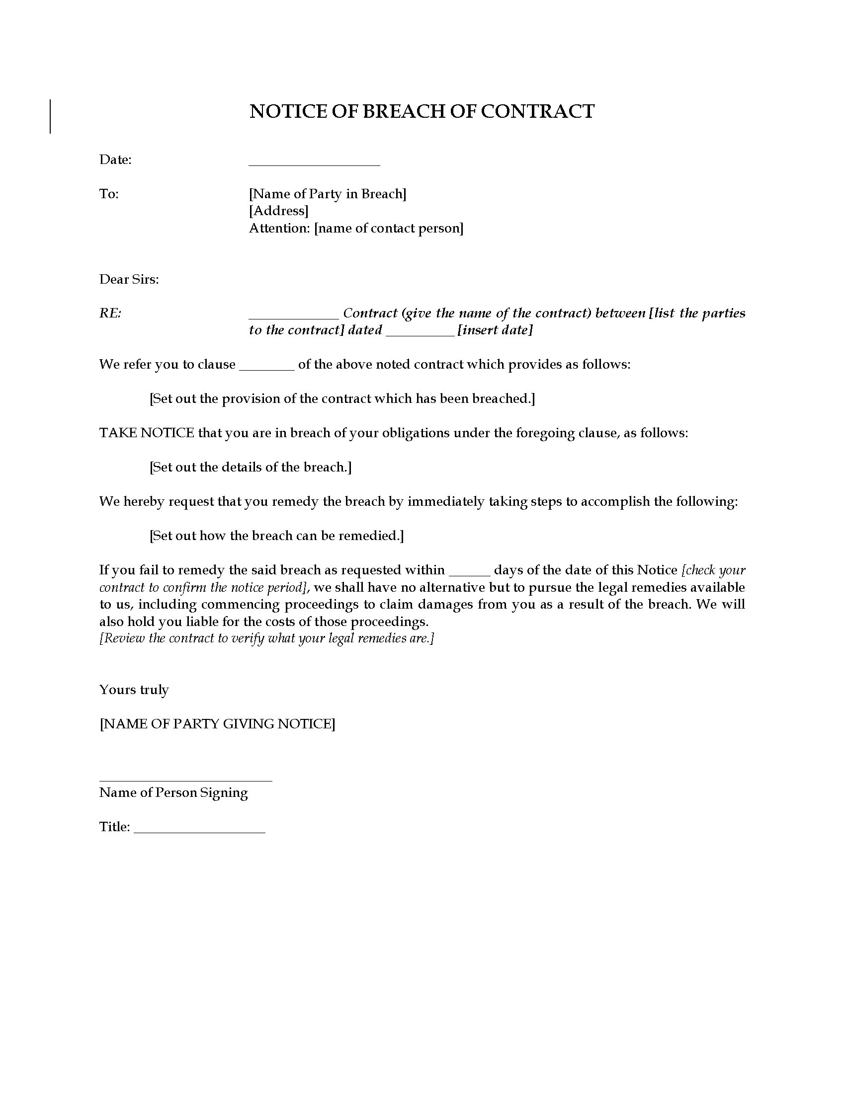 Notice of Breach of Contract Legal Forms and Business Templates