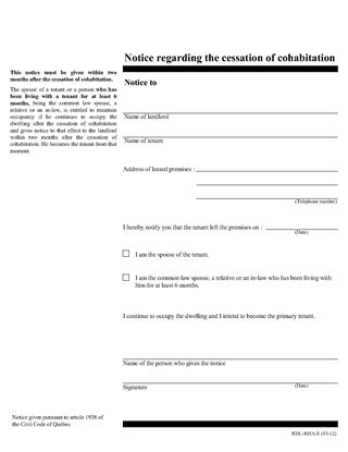Picture of Quebec Notice Regarding Cessation of Cohabitation