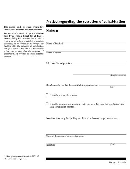 Picture of Quebec Notice Regarding Cessation of Cohabitation