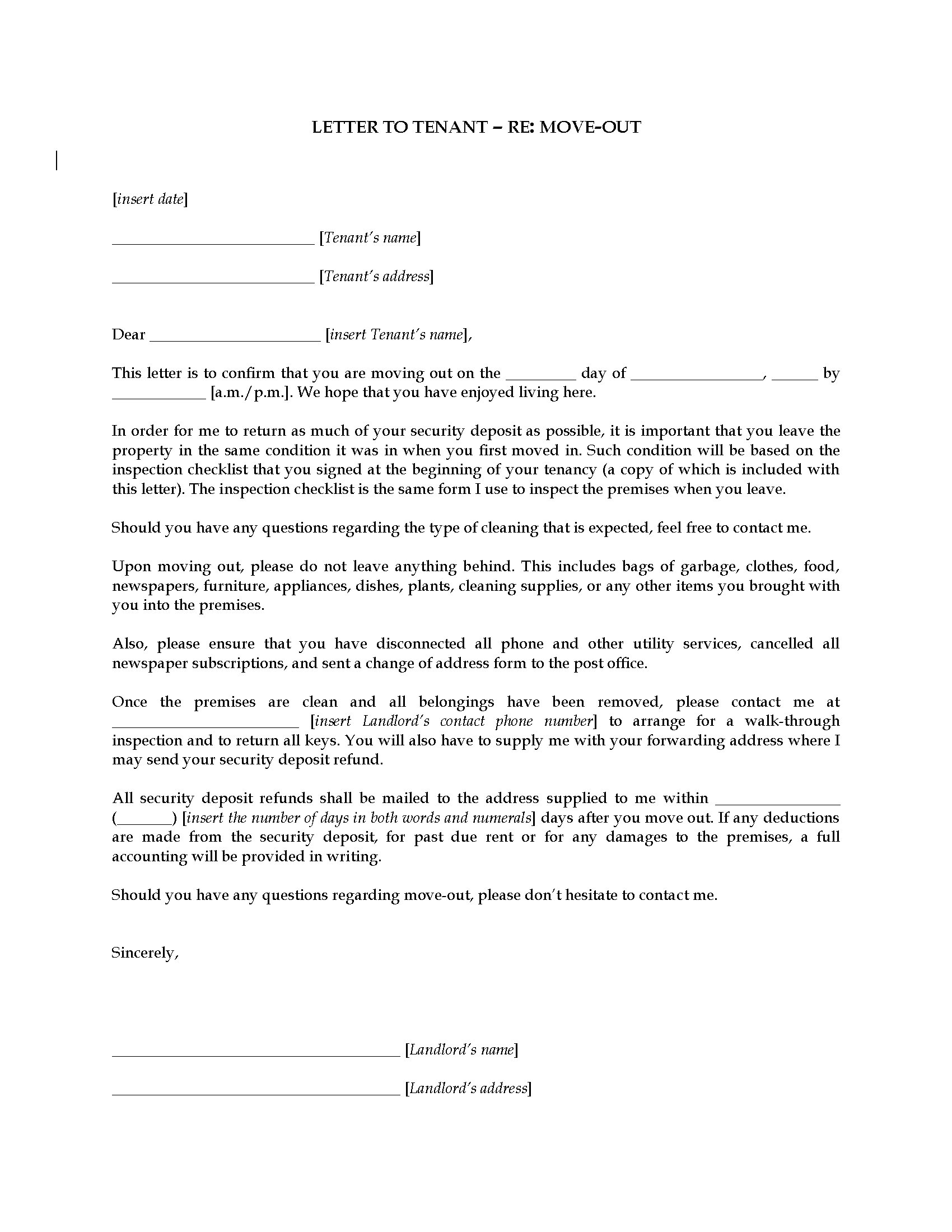 Landlord Letter to Tenant re Moving Out Legal Forms and Business