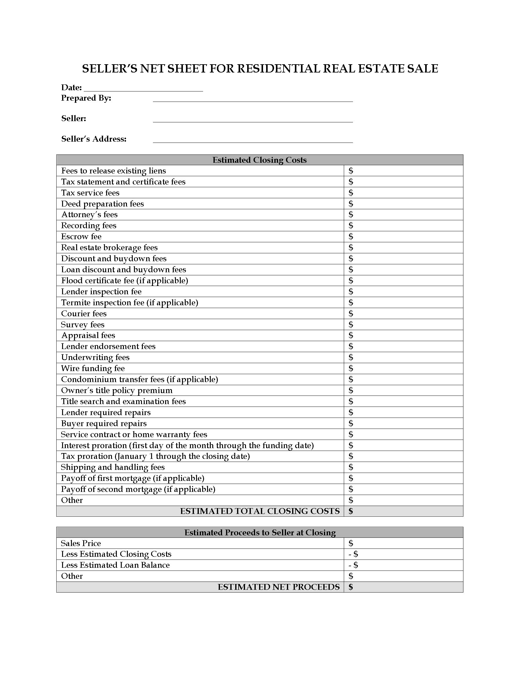 USA Seller's Net Sheet for Real Estate Sale Legal Forms and Business