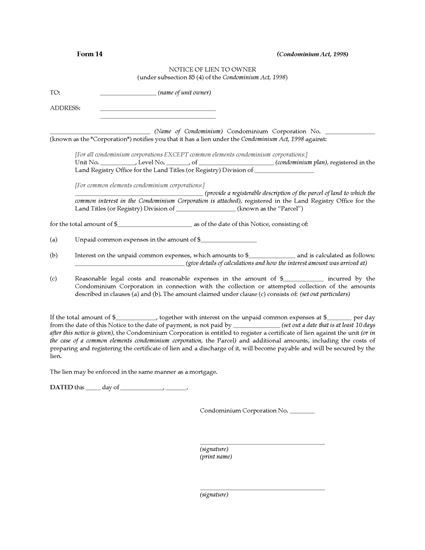 Picture of Ontario Notice of Lien to Condominium Owner