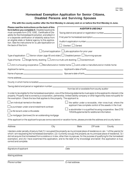 Picture of Ohio Homestead Exemption Application DTE 105A