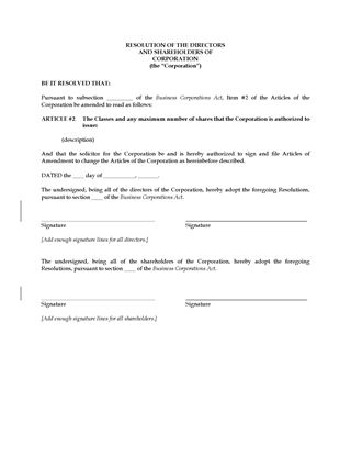 Picture of Corporate Resolution to Amend Share Structure | Canada
