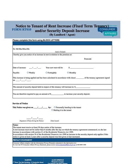 Picture of Northern Territory Notice of Rent or Security Deposit Increase