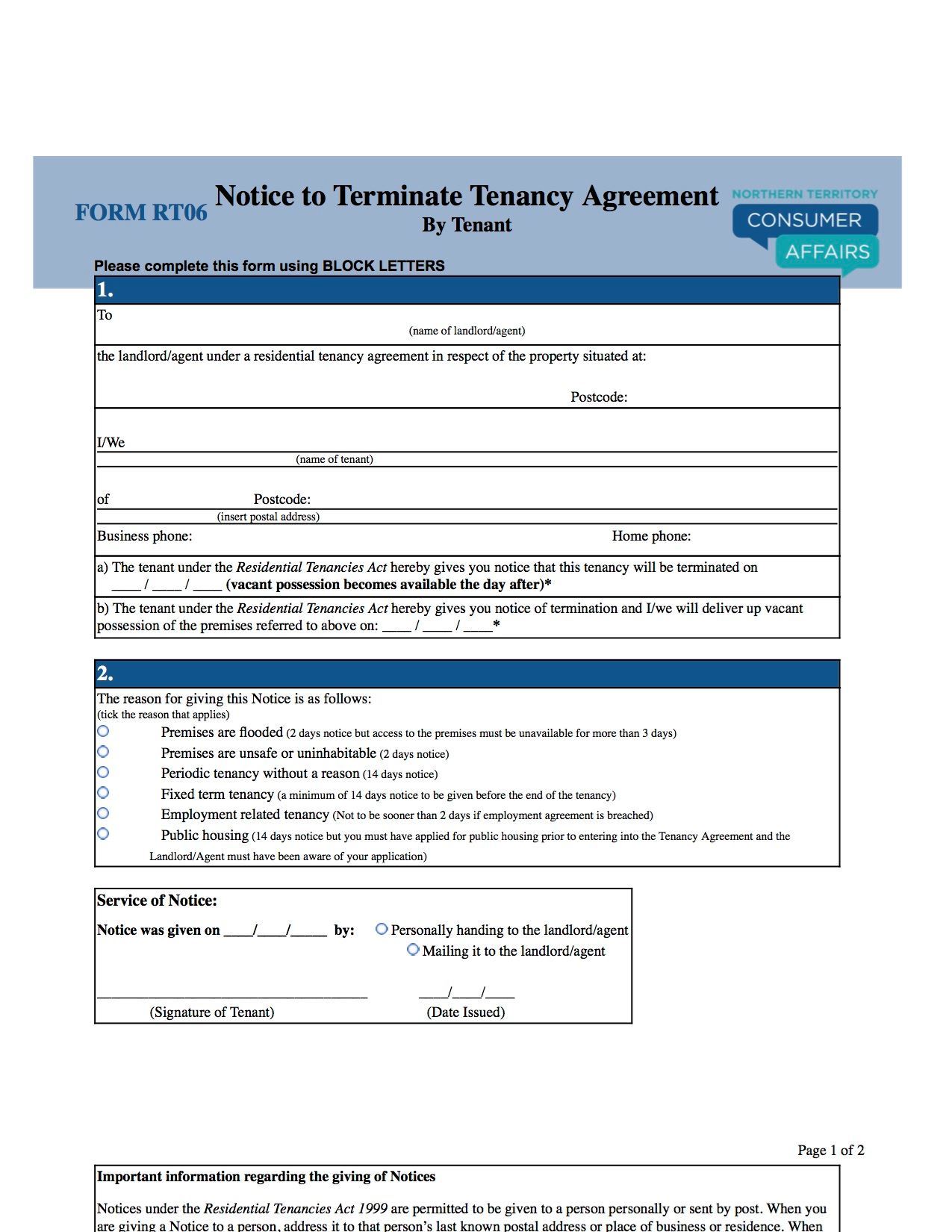 Northern Territory Notice of Termination by Tenant | Legal Forms and ...