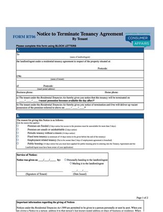 Picture of Northern Territory Notice to Terminate Tenancy Agreement by Tenant