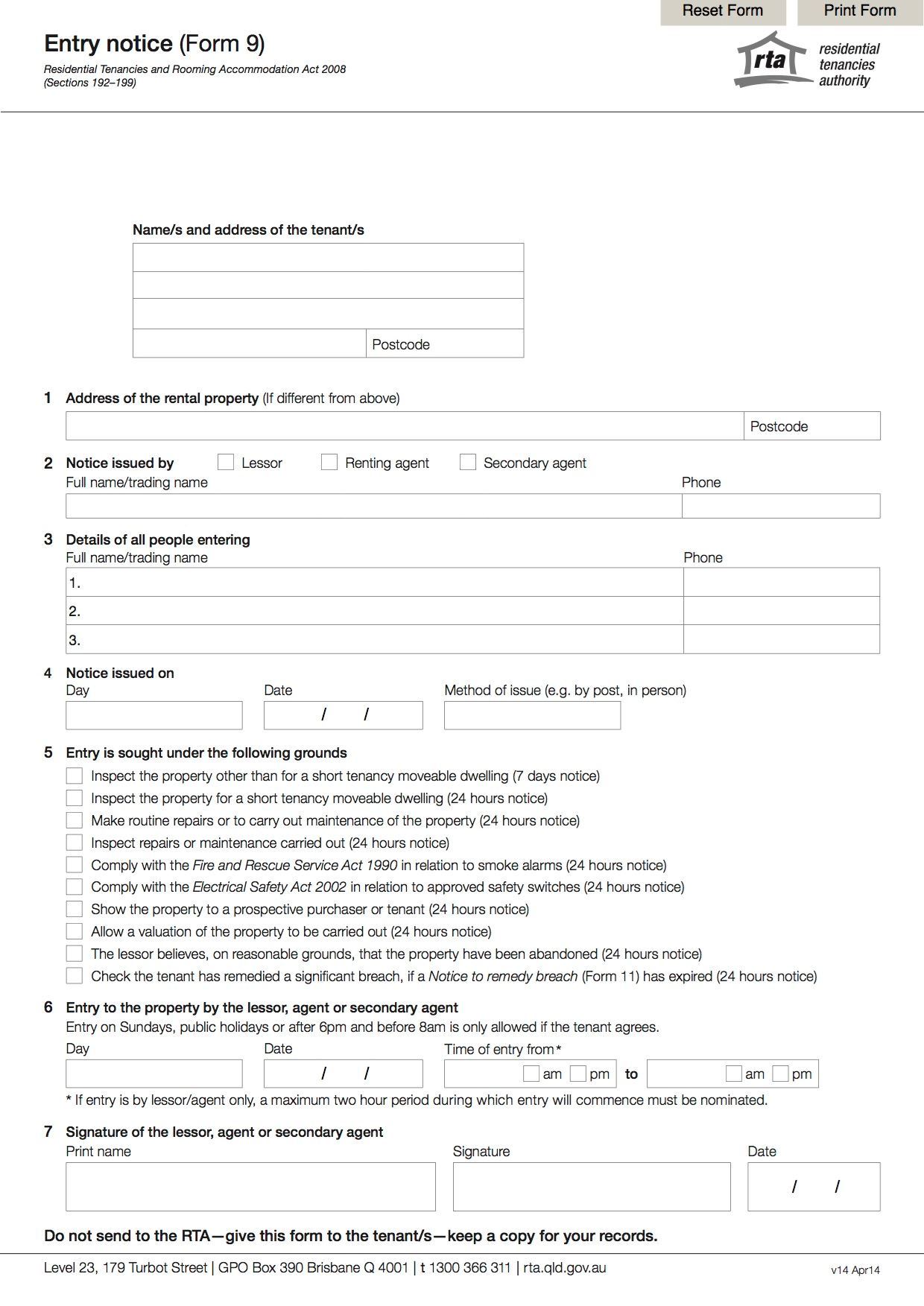 Queensland Entry Notice Form  Legal Forms and Business 
