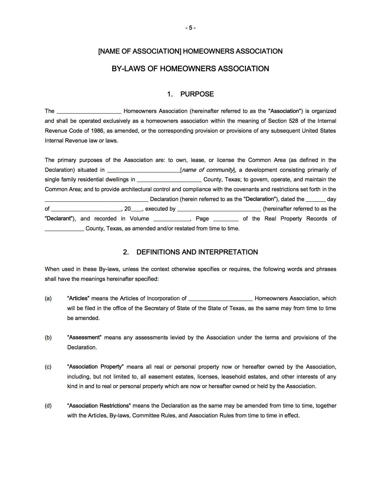 Texas Homeowners Association Bylaws Legal Forms and Business
