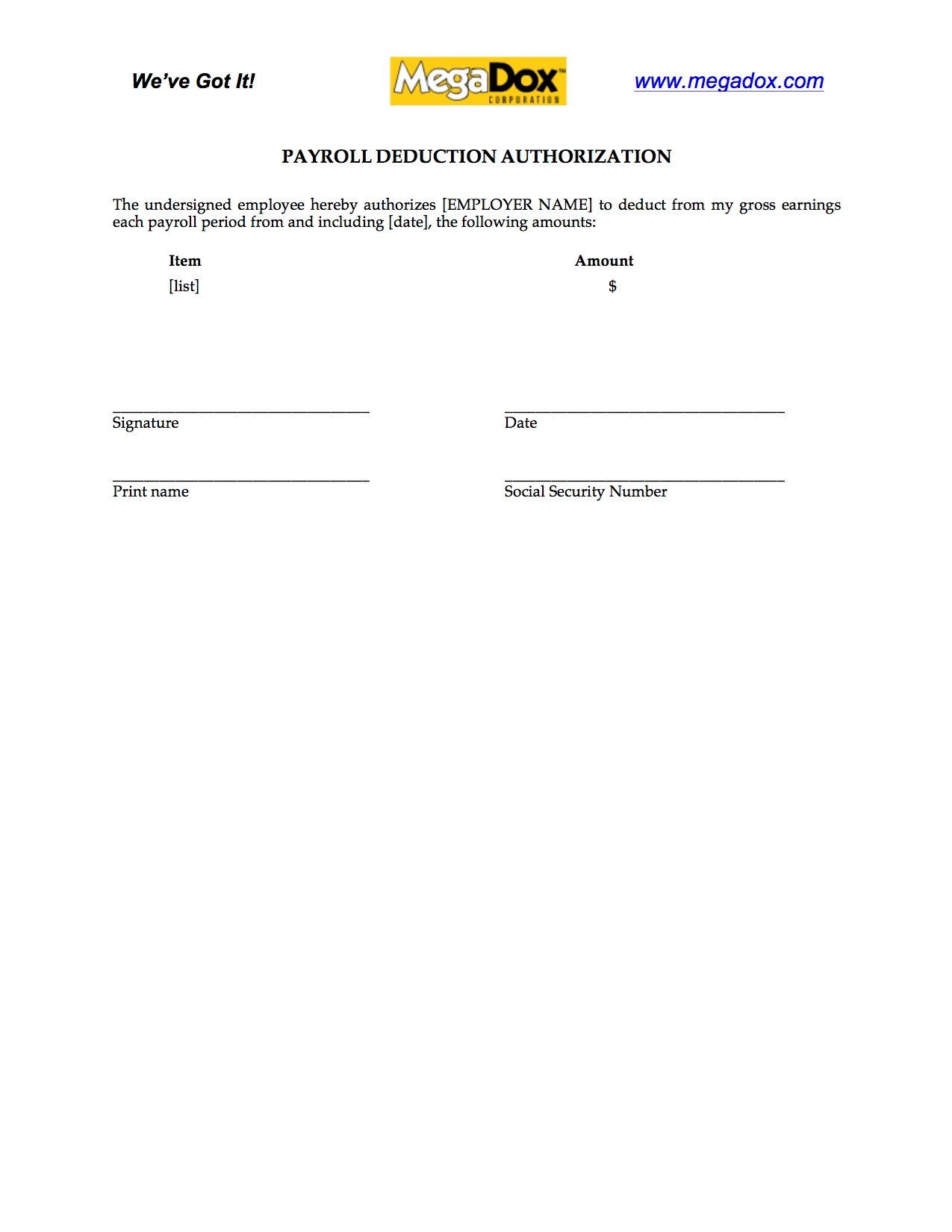 Employee Payroll Deduction Authorization Form Legal Forms And Business Templates Megadox Com