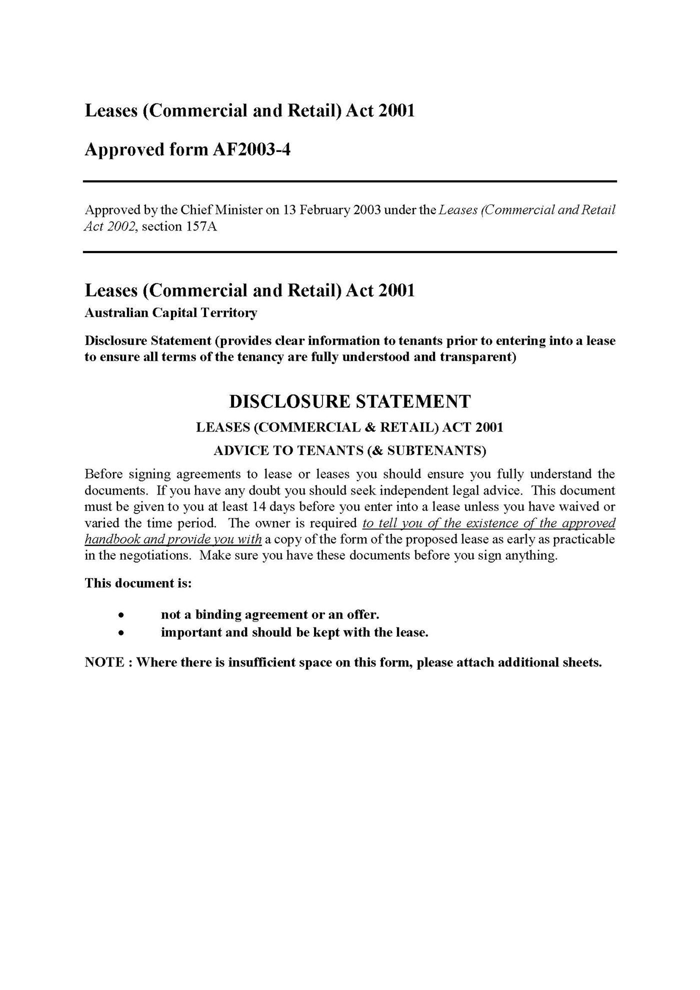 disclosure statement on assignment of lease