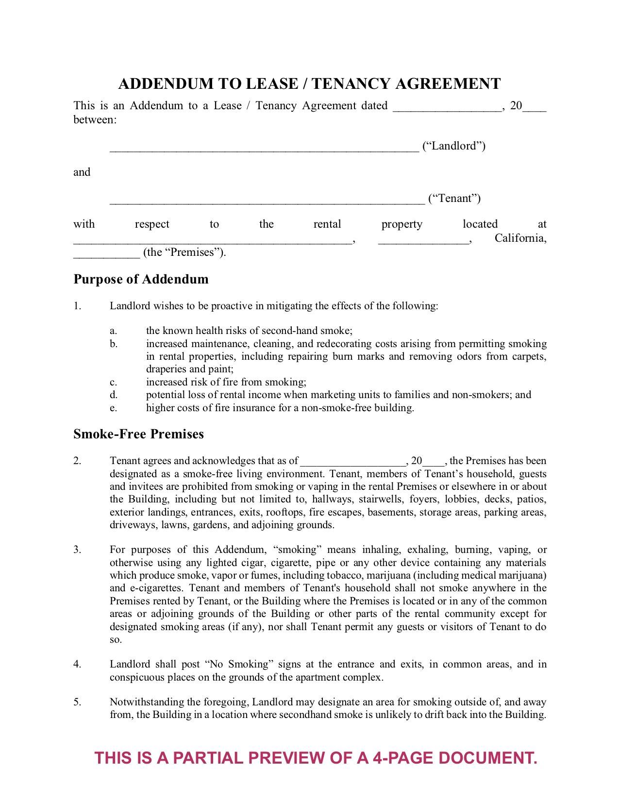 California Smoke Free Lease Addendum Form Legal Forms And Business Templates Megadox Com