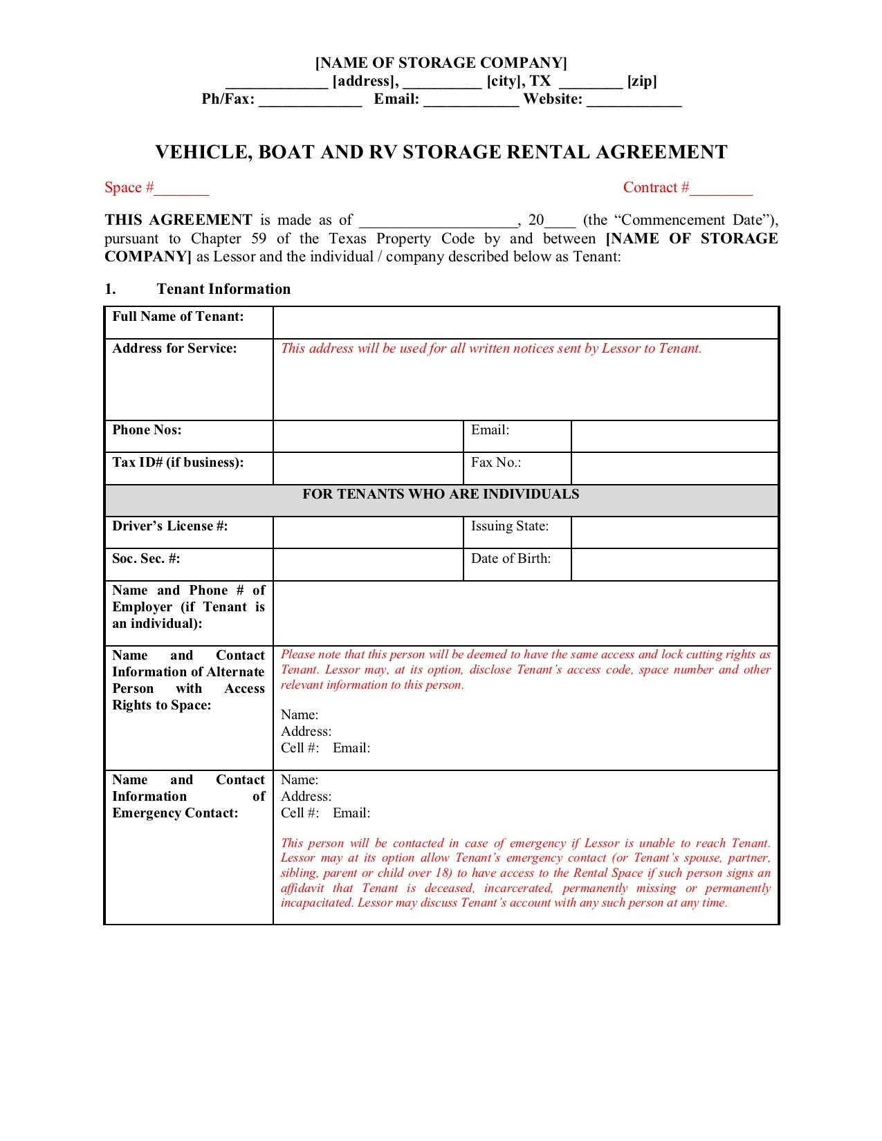 Texas Vehicle Boat And Rv Storage Rental Contract Legal Forms And Business Templates Megadox Com