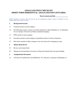 Picture of Ontario Checklist for Short Form Horizontal Amalgamation