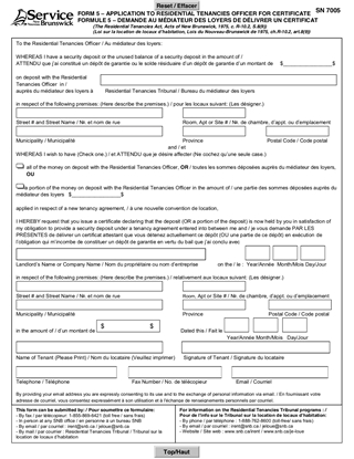 Picture of New Brunswick Application for Certificate for Security Deposit