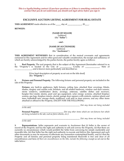 Picture of Exclusive Auction Listing Agreement for Real Estate | USA