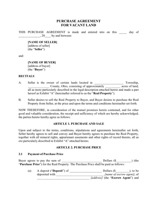 Picture of Ohio Purchase Agreement for Vacant Land