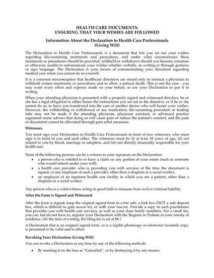 Picture of Wisconsin Declaration to Healthcare Professionals (Living Will)