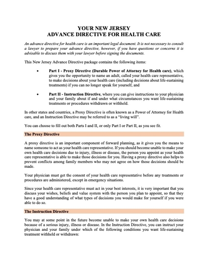 Picture of New Jersey Advance Directive for Health Care Forms