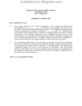Alberta Directors Resolutions Authorizing Warrant Indenture Alberta Directors Resolutions authorizing issue of Warrant Indenture