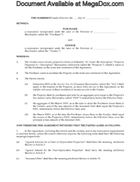 Canada Section 85 Rollover Agreement for Land Canada Section 85 Rollover Agreement for Land