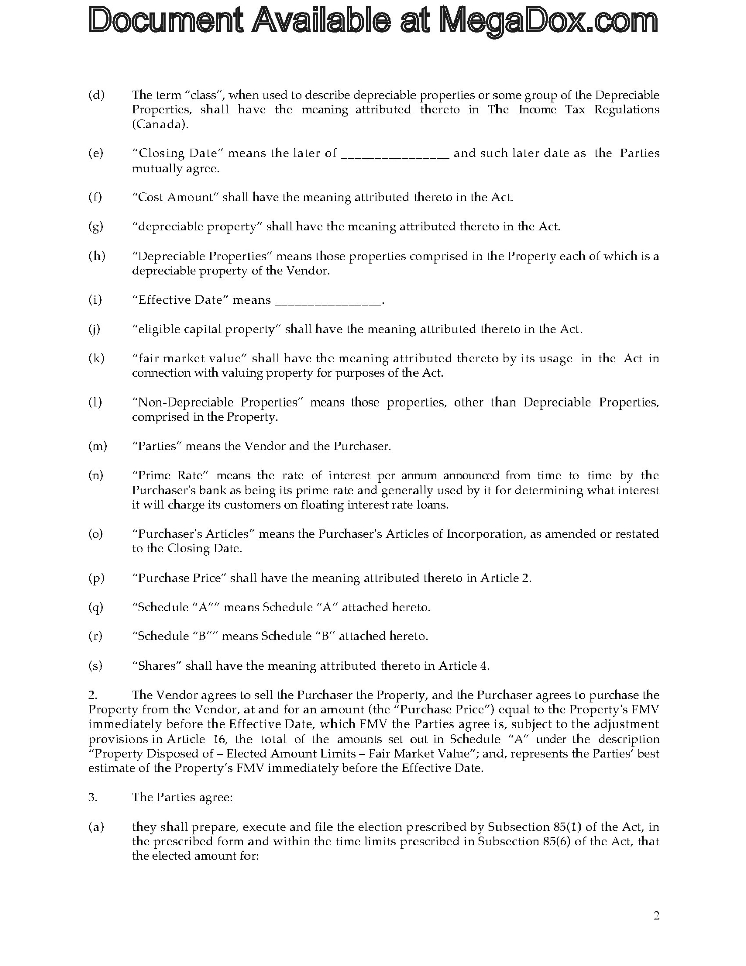 Canada Section 85 Rollover Agreement for Land | MegaDox.com