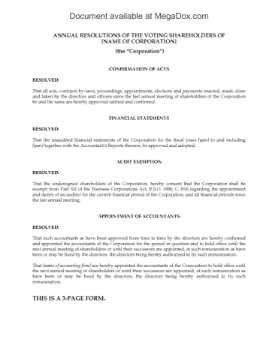 Ontario annual corporate resolutions in lieu of meeting Ontario annual corporate resolutions in lieu of meeting