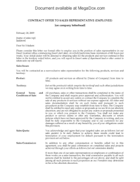 Canada Offer of Employment to Sales Representative Offer of Employment to a sales representative from a Canadian business