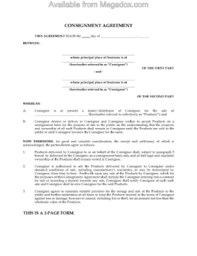 Consignment sale agreement agreement to sell goods on consignment