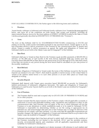 Picture of North Carolina Commercial Sublease Agreement